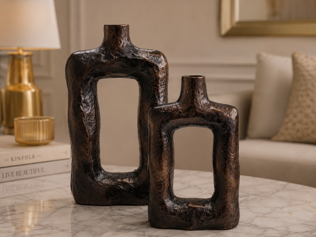 Aurelia Sculpted Aluminium Vase Set (Set of 2) – Antique Bronze Abstract Form