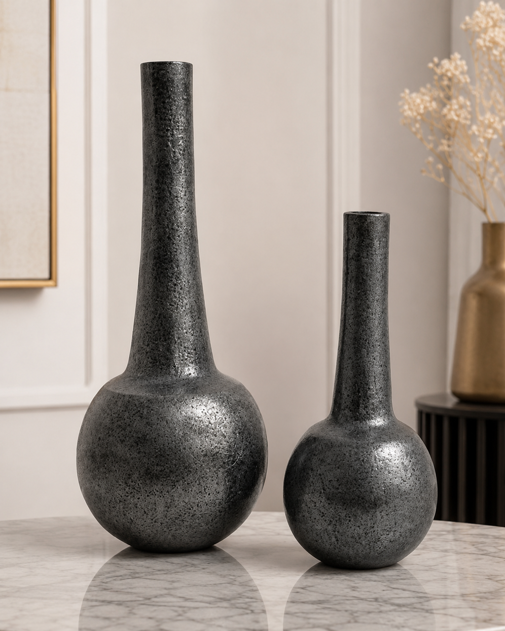 Aurelia Tall Stem Aluminium Vase Set (Set of 2) – Matte Noir Luxe Finish