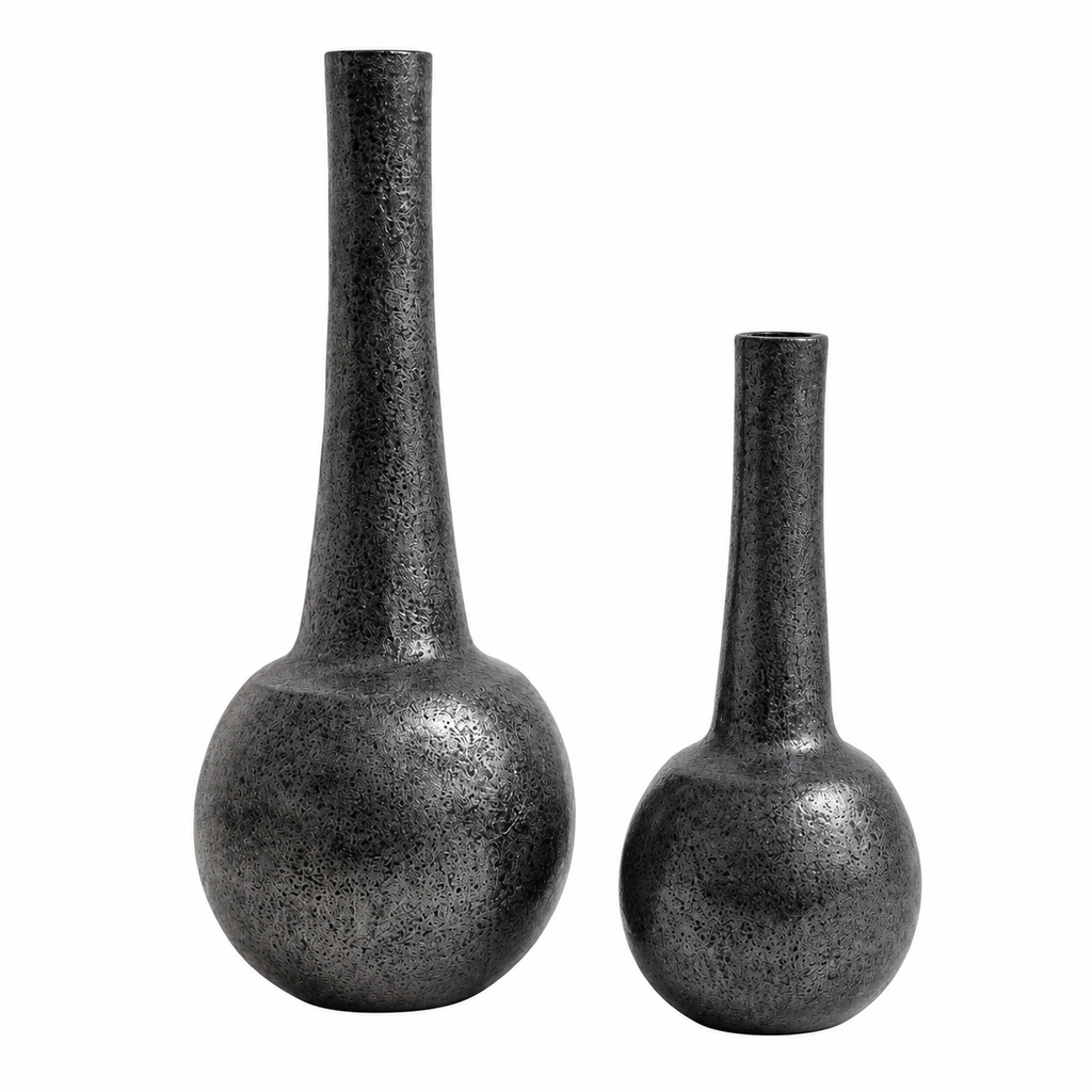 Aurelia Tall Stem Aluminium Vase Set (Set of 2) – Matte Noir Luxe Finish