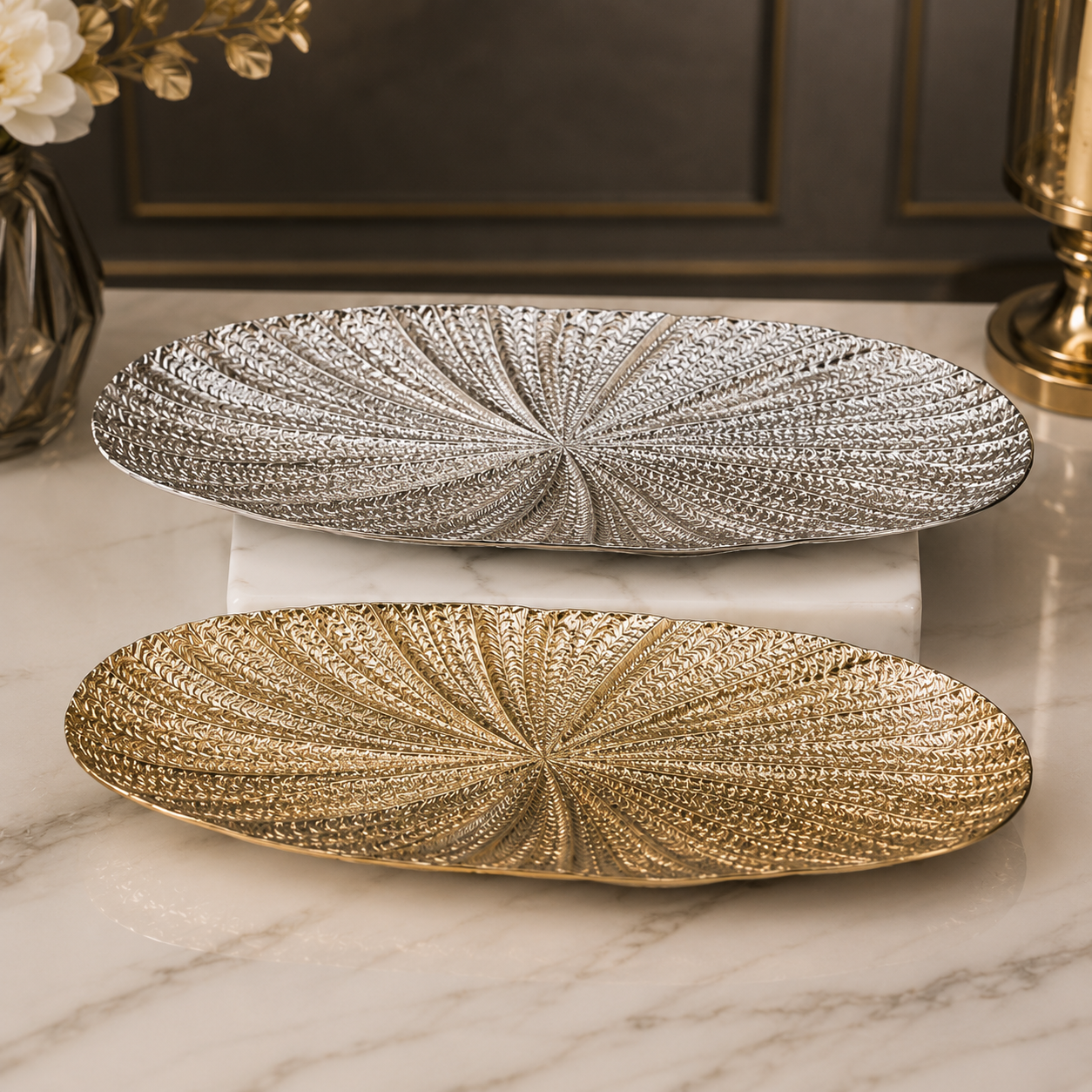 Luxury Textured Aluminium Platter Tray – Gold & Silver Finish
