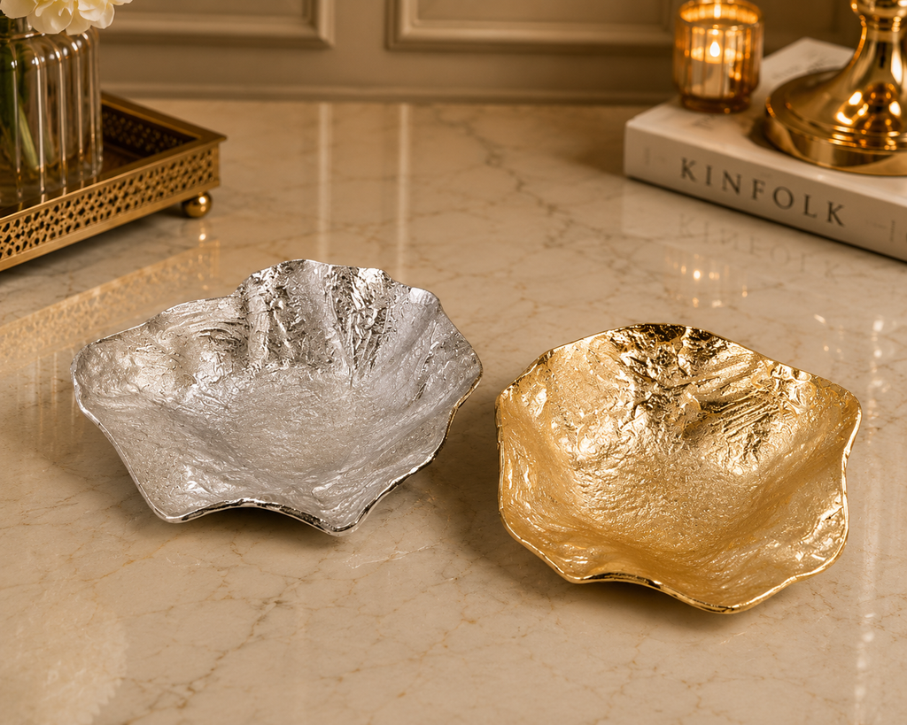 Sculpted Aluminium Accent Bowls – Organic Form in Gold & Silver Finish