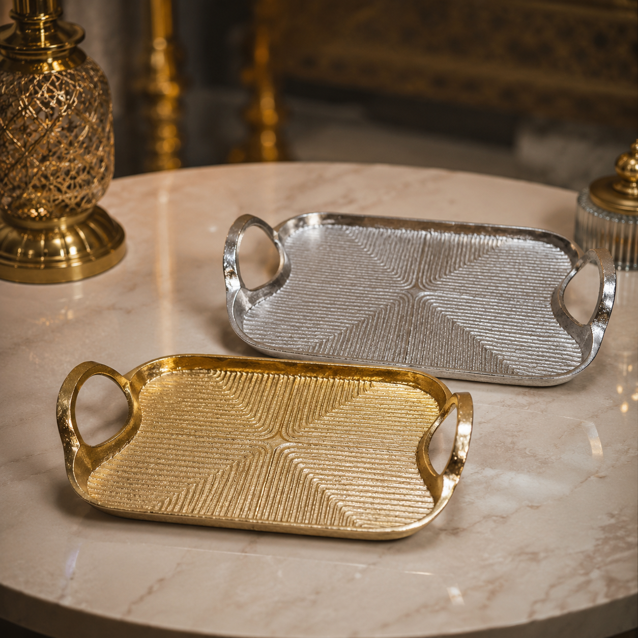 Luxury Aluminium Designer Serving Tray Set – Gold & Silver Finish