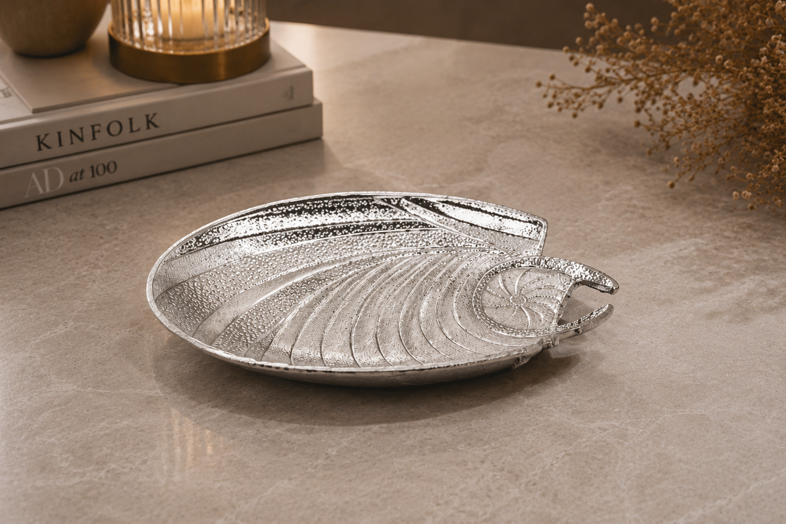 Leaf-Inspired Textured Aluminium Platter – Silver & Bronze Finish (Decorative Serveware)