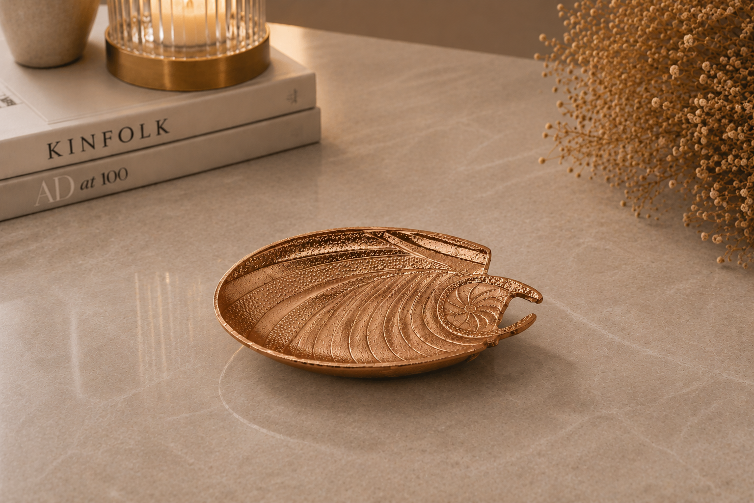 Leaf-Inspired Textured Aluminium Platter – Silver & Bronze Finish (Decorative Serveware)