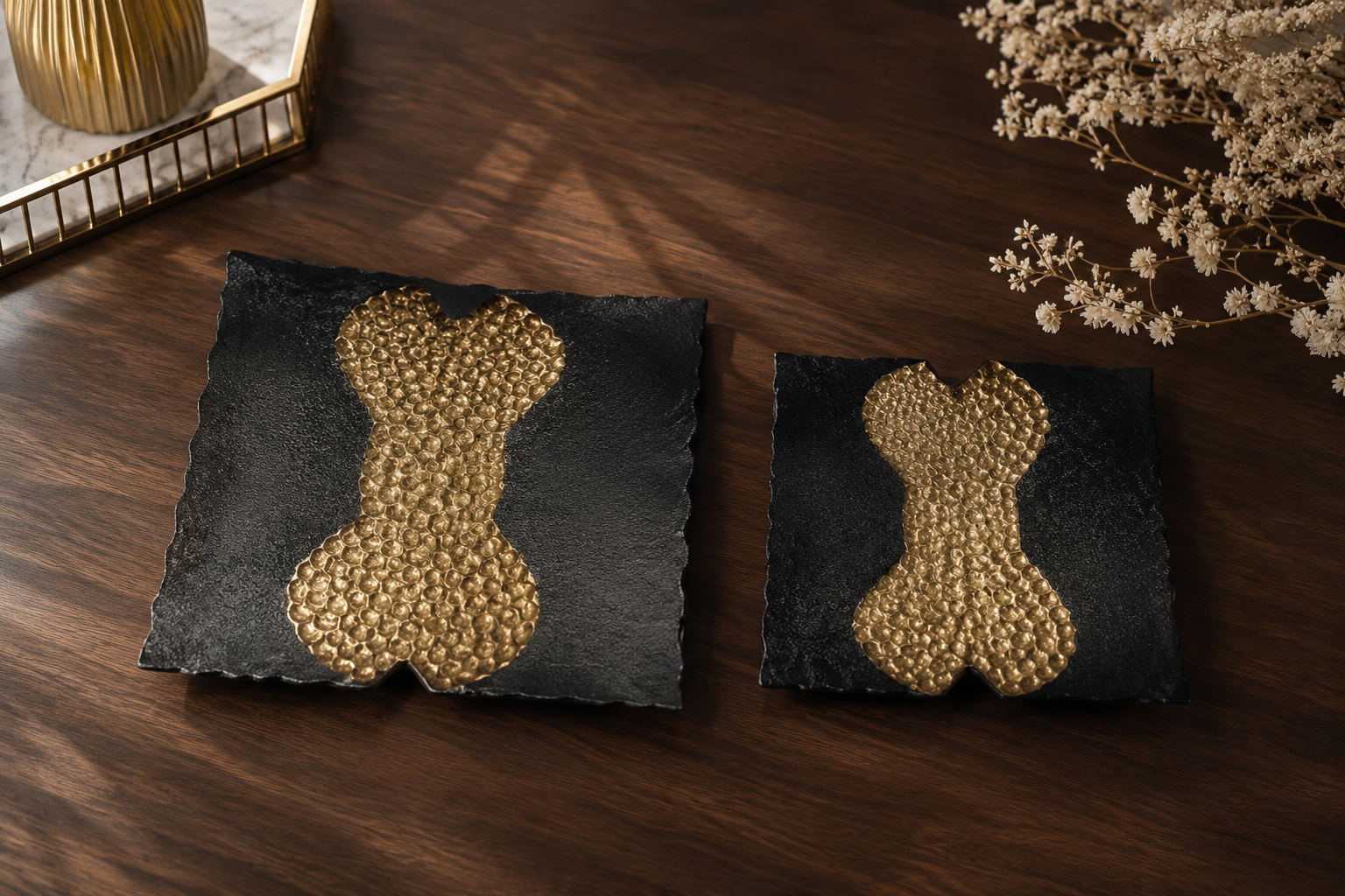 Textured Aluminium Serving Platter – Matte Black & Antique Gold Finish (Luxury Square Serveware)