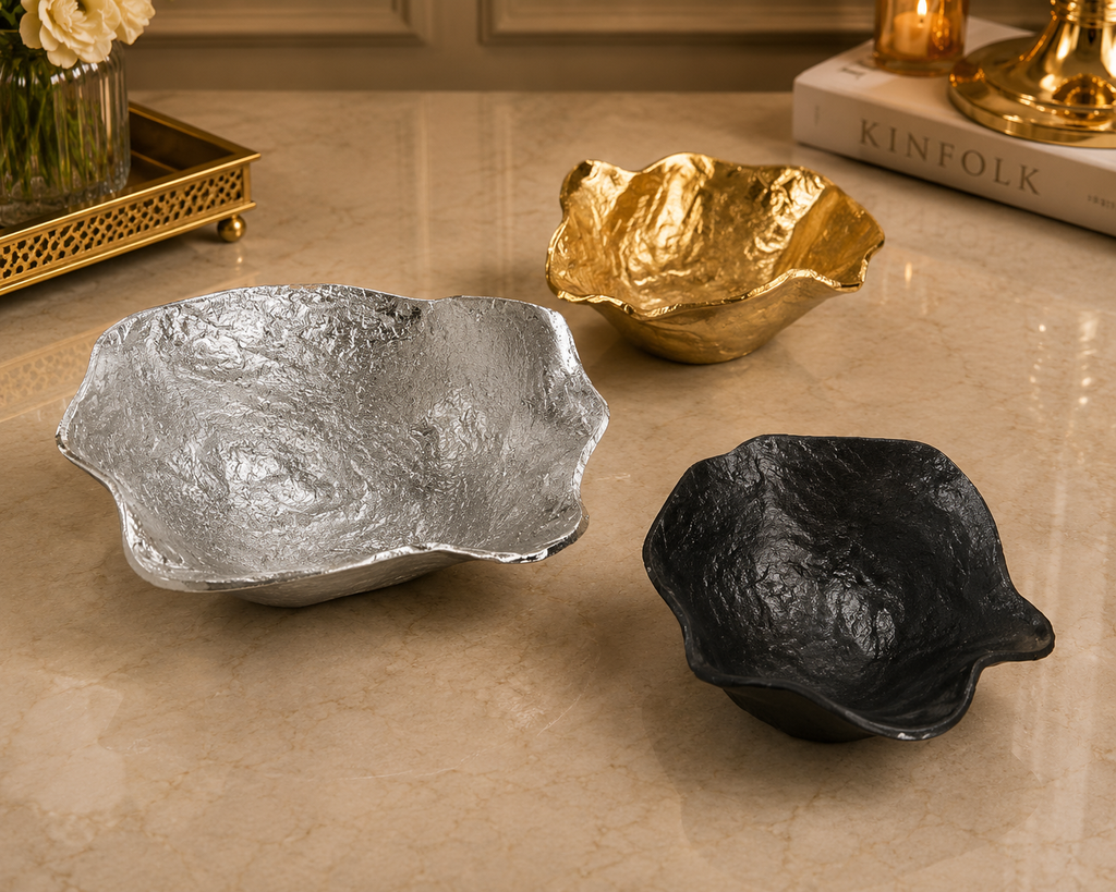 Sculpted Aluminium Luxury Bowls – Gold, Silver & Black Finish (3 Size Options)
