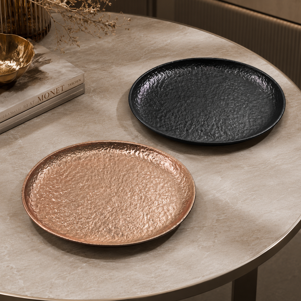 Hammered AluHammered Aluminium Round Plate – Bronze & Matte Black Finish (Textured Luxury Serveware)minium Round Plate – Bronze & Matte Black Finish (Textured Luxury Serveware)