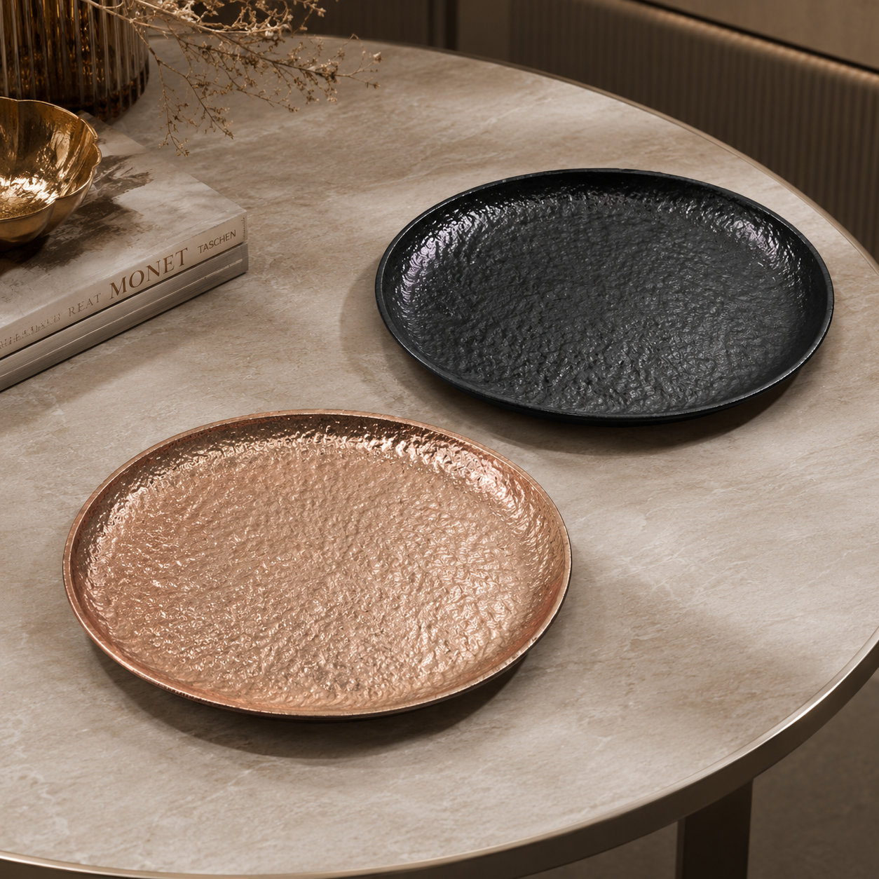 Hammered AluHammered Aluminium Round Plate – Bronze & Matte Black Finish (Textured Luxury Serveware)minium Round Plate – Bronze & Matte Black Finish (Textured Luxury Serveware)
