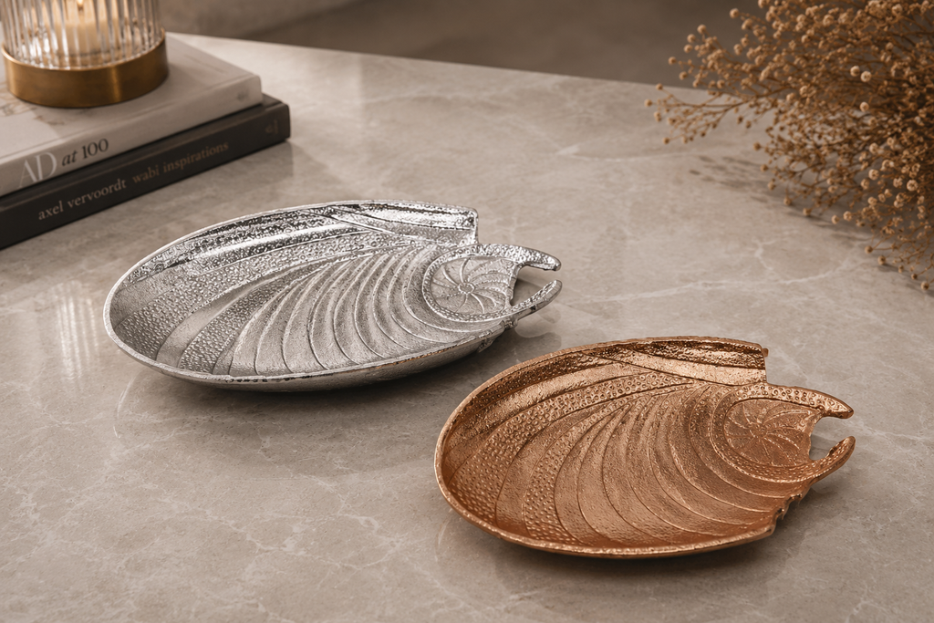 Leaf-Inspired Textured Aluminium Platter – Silver & Bronze Finish (Decorative Serveware)