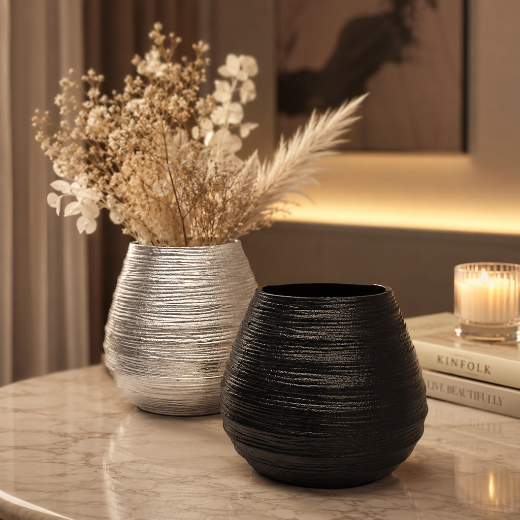 Luxe Ribbed Aluminium Vase – Gold, Silver & Black Finish