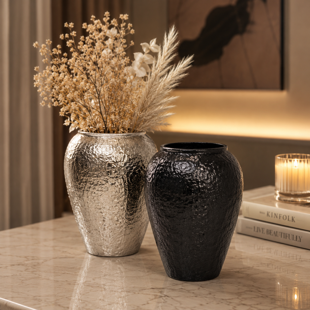 Luxe Hammered Aluminium Vase – Gold, Silver Nickel & Matte Black Finishes