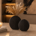 Modern Geometric Aluminium Vase Set – Matte Black Finish (Textured Disc Design)