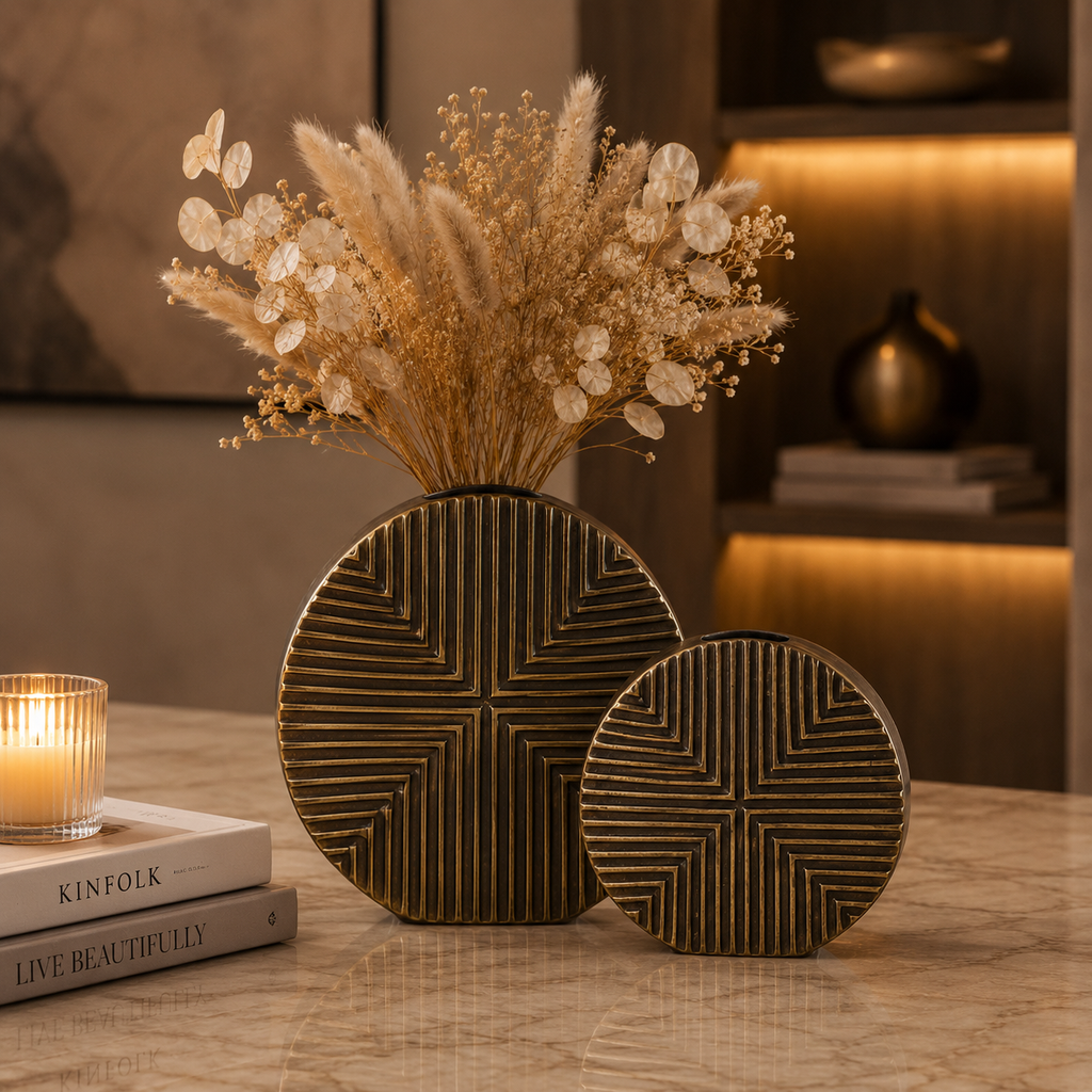 Geometric Disc Aluminium Vase Set – Antique Gold Finish (Textured Design)