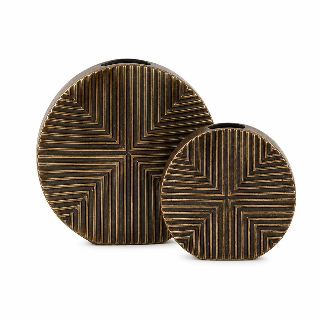 Geometric Disc Aluminium Vase Set – Antique Gold Finish (Textured Design)