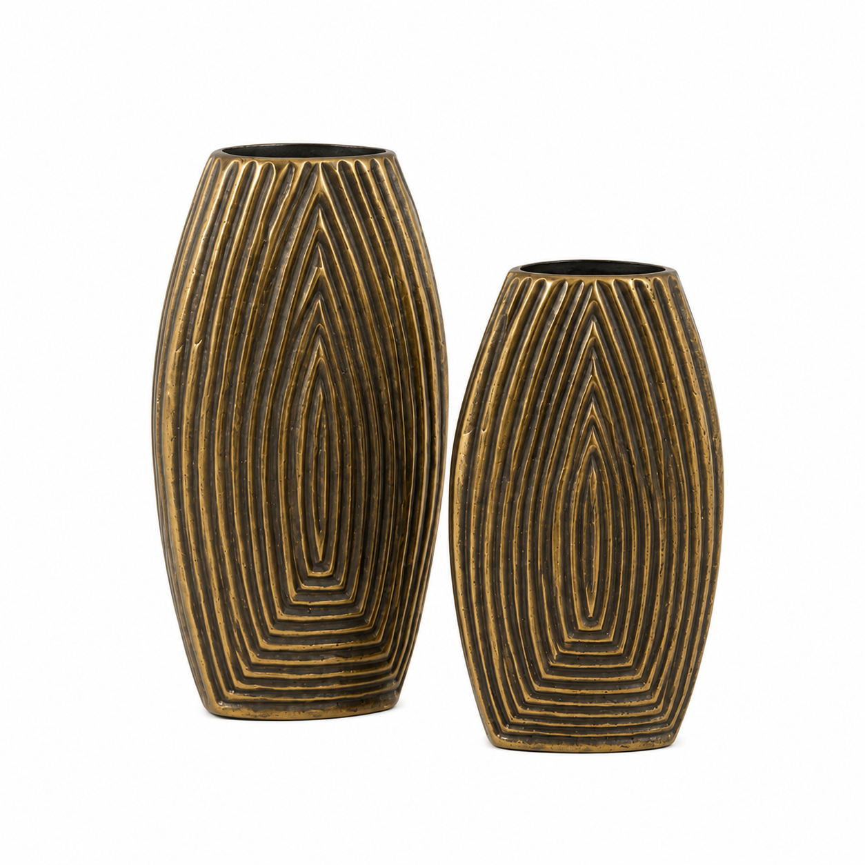 Luxe Ribbed Aluminium Vase Set – Antique Gold Finish (Textured Design)
