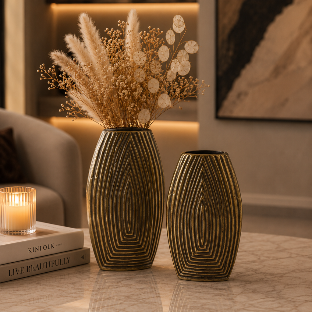 Luxe Ribbed Aluminium Vase Set – Antique Gold Finish (Textured Design)