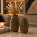 Luxe Ribbed Aluminium Vase Set – Antique Gold Finish (Textured Design)