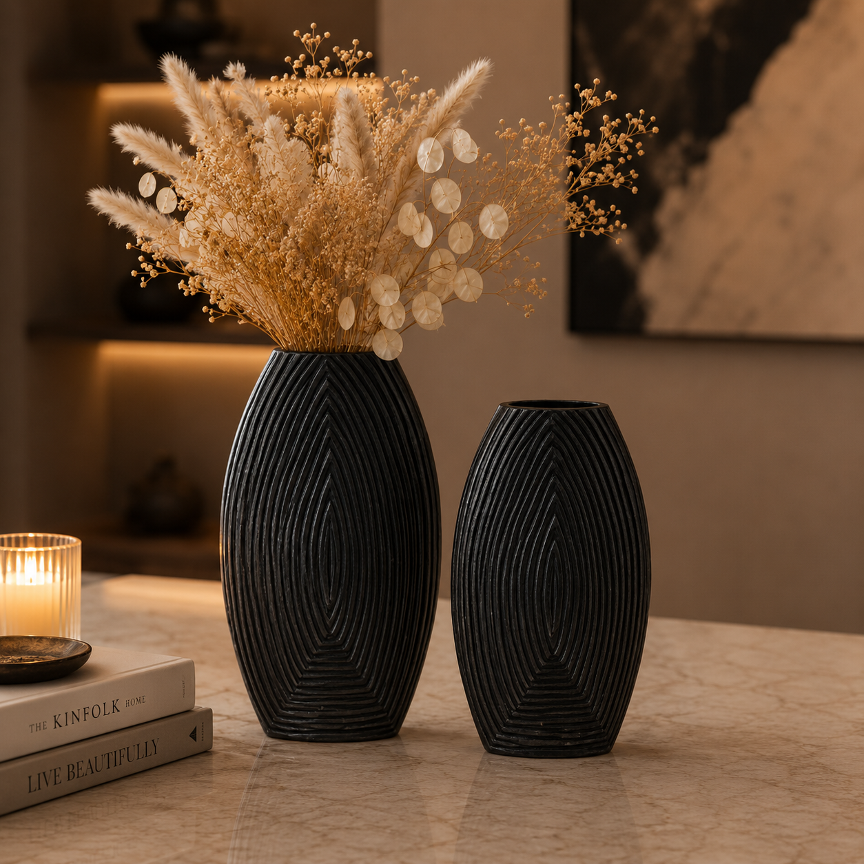 Modern Ribbed Aluminium Vase Set – Matte Black Finish (Textured Design)