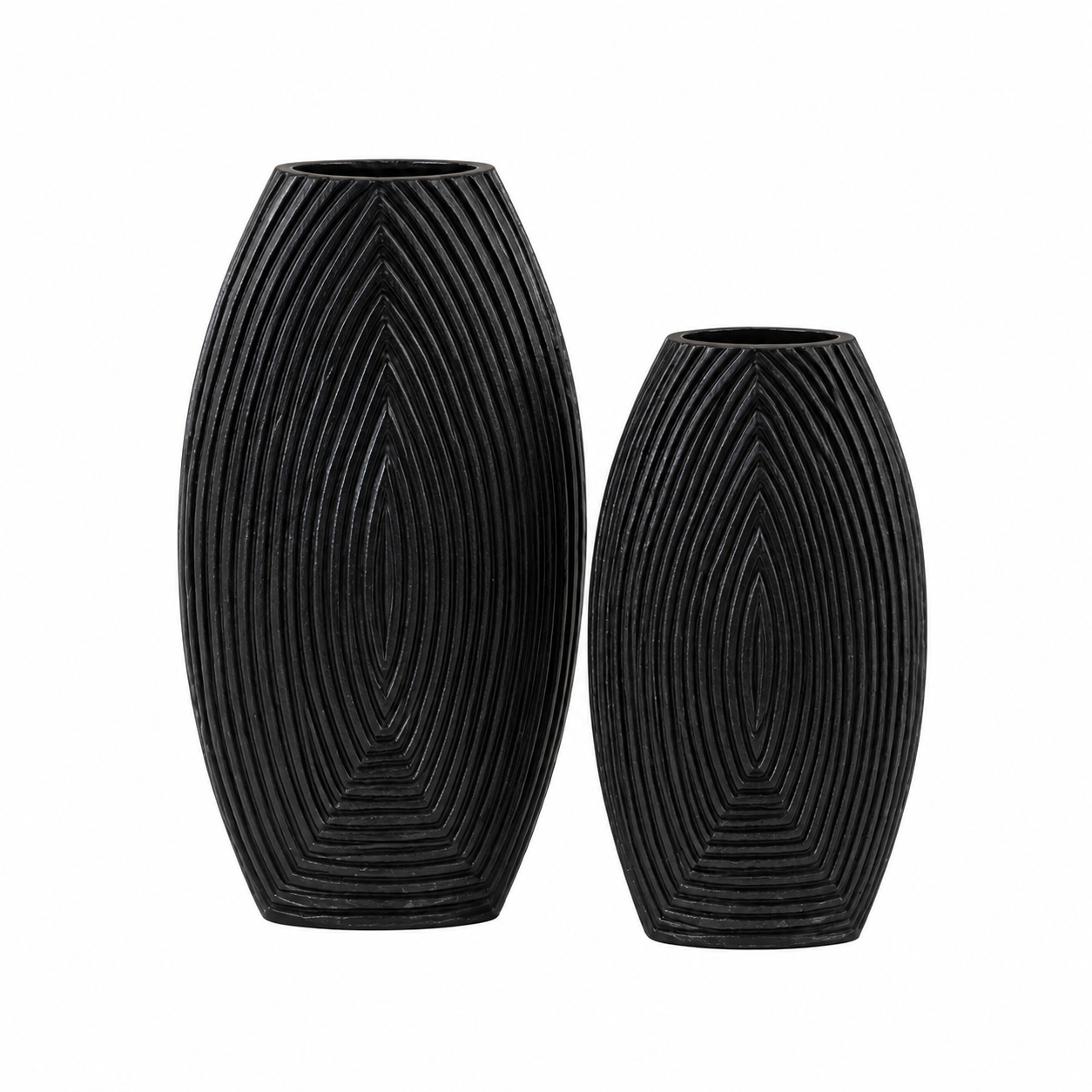 Modern Ribbed Aluminium Vase Set – Matte Black Finish (Textured Design)