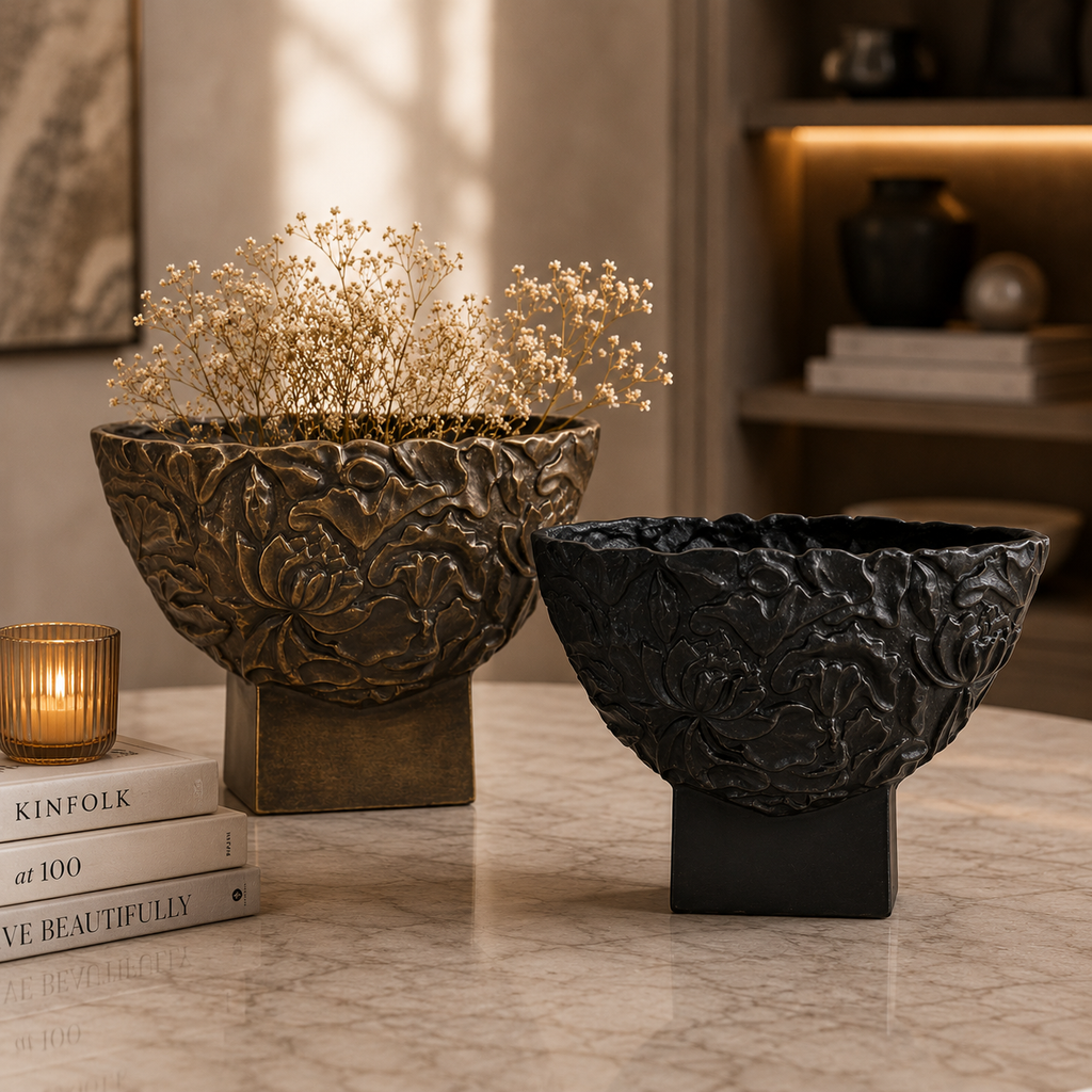 Floral Embossed Aluminium Bowl Planter Set – Antique Gold & Matte Black Finish