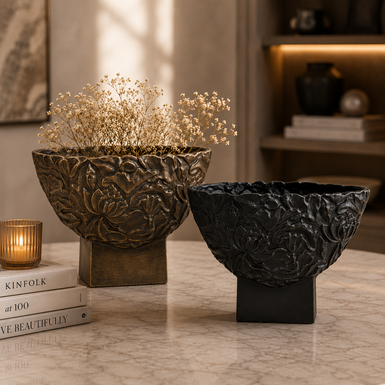 Floral Embossed Aluminium Bowl Planter Set – Antique Gold & Matte Black Finish