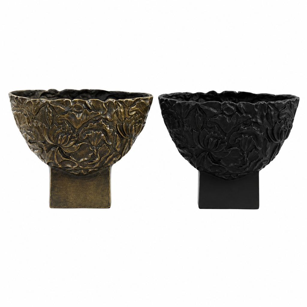 Floral Embossed Aluminium Bowl Planter Set – Antique Gold & Matte Black Finish
