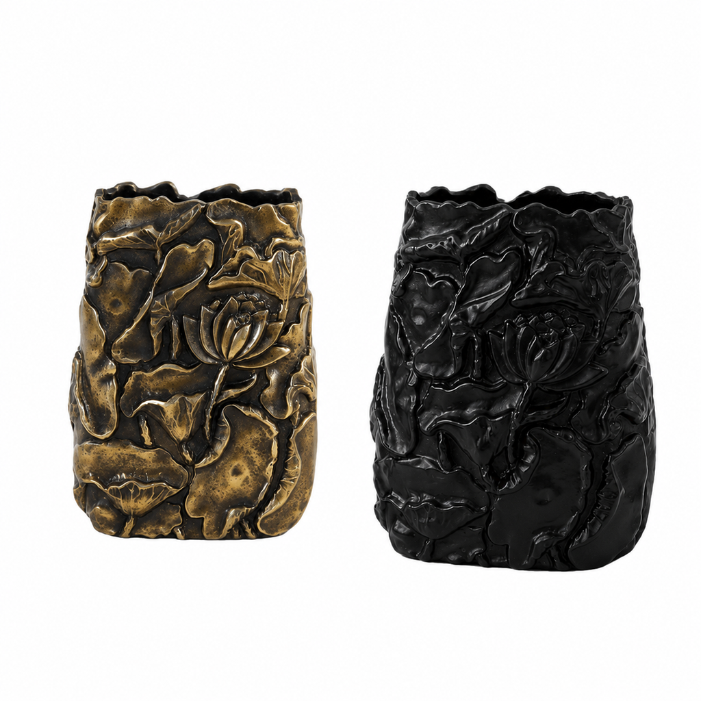 Floral Textured Aluminium Vase Set – Antique Gold & Matte Black Finish