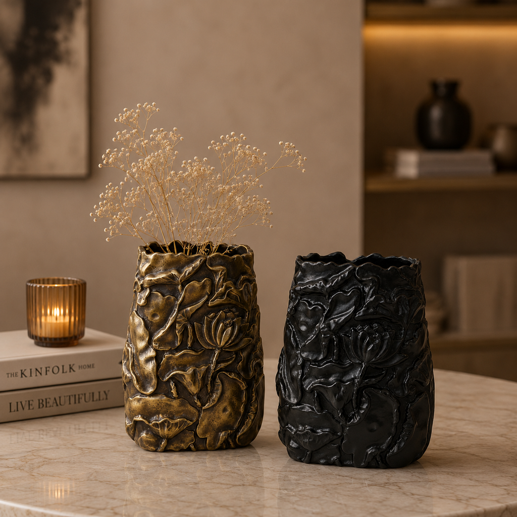 Floral Textured Aluminium Vase Set – Antique Gold & Matte Black Finish
