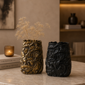 Floral Textured Aluminium Vase Set – Antique Gold & Matte Black Finish