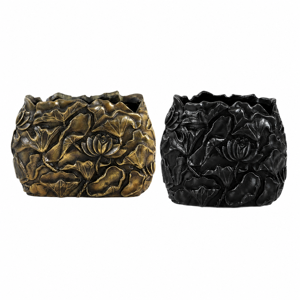 Floral Carved Aluminium Vase Set – Antique Gold & Matte Black Finish
