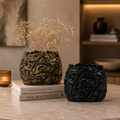 Floral Carved Aluminium Vase Set – Antique Gold & Matte Black Finish