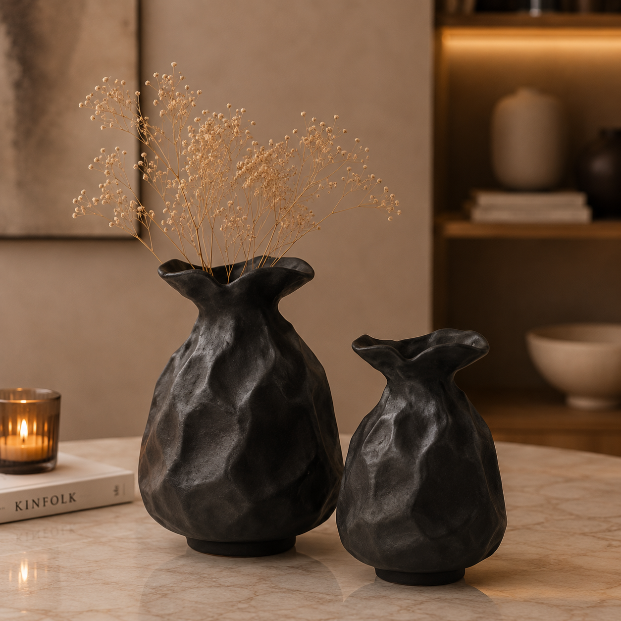 Sculpted Aluminium Vase Set – Matte Black Finish (Organic Form)