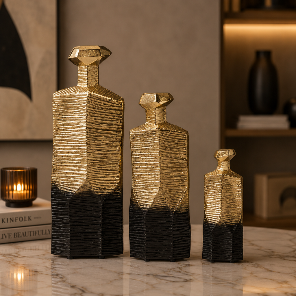 Luxe Geometric Aluminium Vase Set – Gold & Matte Black Finish (Set of 3)