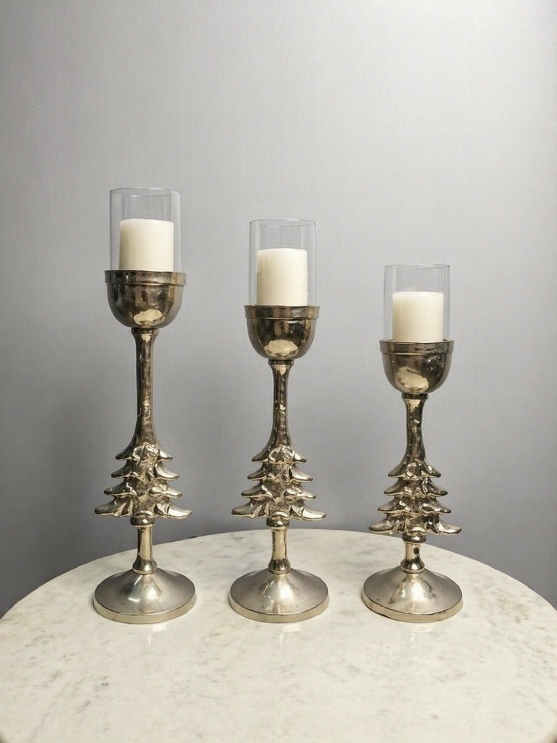 Silver Nickel Plated Candle Holder Set (Set of 3) – Luxe Reflective Glass Accent Collection