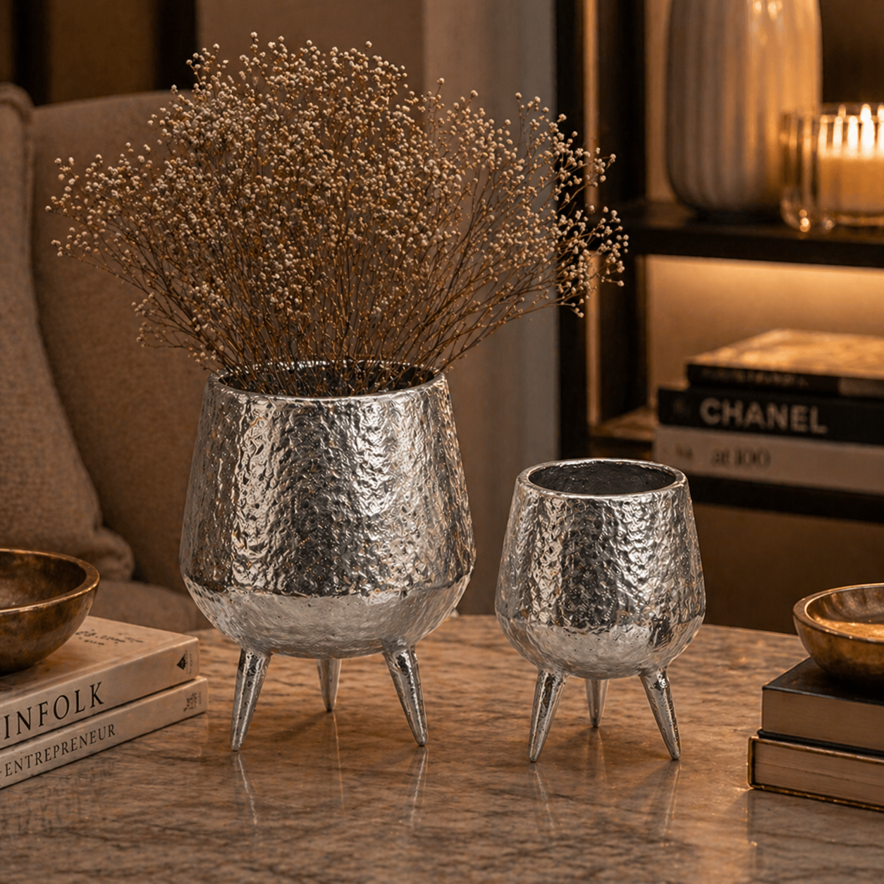 Forma Livings Dual-Finish Luxe Hammered Planter Set – Gold & Silver Nickel Edition