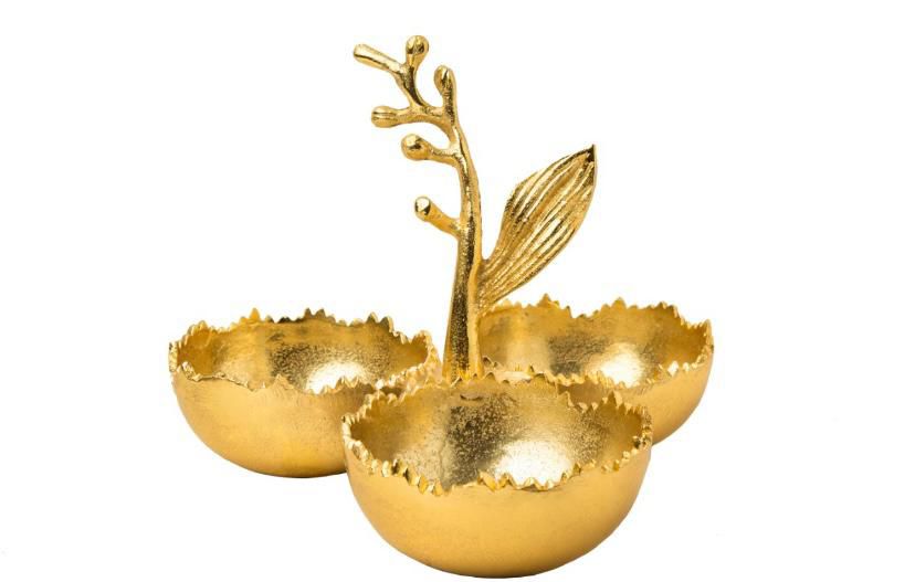 Luxury Gold Aluminum 3-Bowl Dry Fruit Serving Tray with Decorative Stem