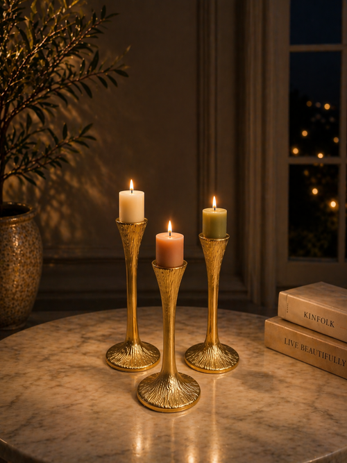 Elegant Aluminium Taper Candle Holder Set – Matte Black, Gold & Silver Nickel Finish (Set of 3 | Modern Decorative Accent)