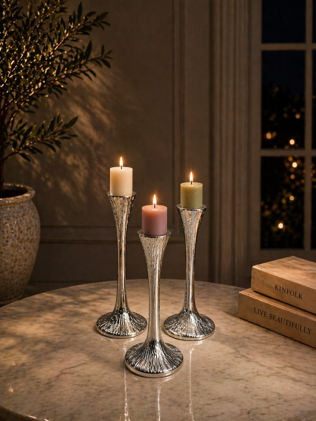 Elegant Aluminium Taper Candle Holder Set – Matte Black, Gold & Silver Nickel Finish (Set of 3 | Modern Decorative Accent)